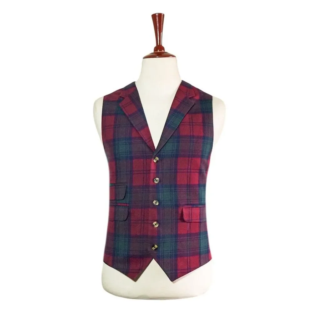 Mens 46R Plaid Wool Waistcoat Red Navy Green Tartan Vest Classic Formal Wedding